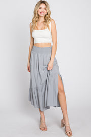 Light Blue Linen Ruffle Hem Side Slit Midi Skirt