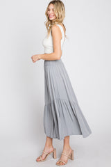 Light Blue Linen Ruffle Hem Side Slit Midi Skirt