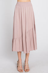 Light Pink Linen Ruffle Hem Side Slit Midi Skirt