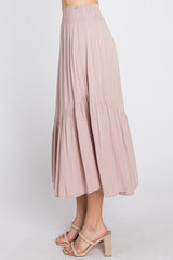 Light Pink Linen Ruffle Hem Side Slit Midi Skirt