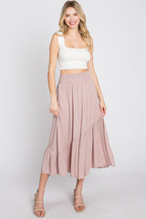 Light Pink Linen Ruffle Hem Side Slit Maternity Midi Skirt