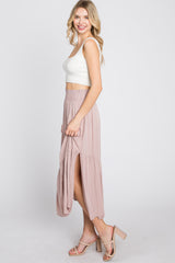 Light Pink Linen Ruffle Hem Side Slit Midi Skirt