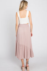 Light Pink Linen Ruffle Hem Side Slit Midi Skirt