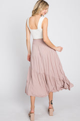 Light Pink Linen Ruffle Hem Side Slit Midi Skirt