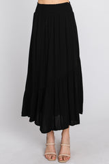 Black Linen Ruffle Hem Side Slit Midi Skirt