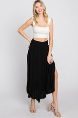 Black Linen Ruffle Hem Side Slit Midi Skirt