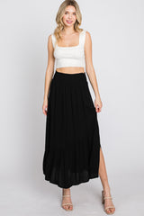 Black Linen Ruffle Hem Side Slit Midi Skirt