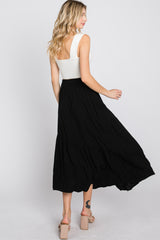 Black Linen Ruffle Hem Side Slit Midi Skirt