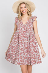 Mauve Floral Ruffle Sleeve Dress