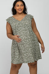 Olive Floral Ruffle Sleeve Maternity Plus Dres