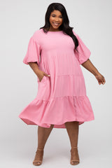 Pink Puff Sleeve Tiered Maternity Plus Dress