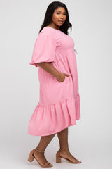 Pink Puff Sleeve Tiered Plus Dress