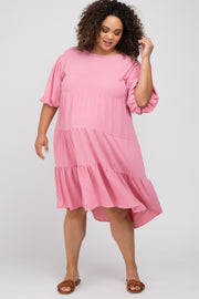 Pink Puff Sleeve Tiered Maternity Plus Dress