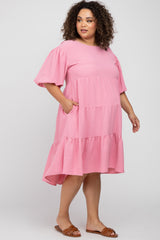 Pink Puff Sleeve Tiered Maternity Plus Dress