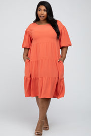 Coral Puff Sleeve Tiered Plus Dress