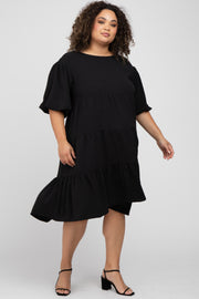 Black Puff Sleeve Tiered Maternity Plus Dress