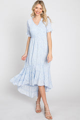 Light Blue Floral Ruffle Hi-Low Hem Dress