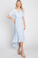 Light Blue Floral Ruffle Hi-Low Hem Dress