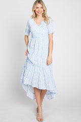 Light Blue Floral Ruffle Hi-Low Hem Dress