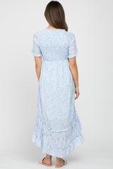 Light Blue Floral Ruffle Hi-Low Hem Maternity Dress