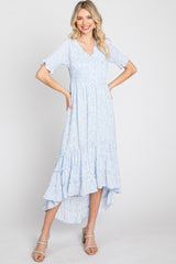 Light Blue Floral Ruffle Hi-Low Hem Dress