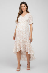 Ivory Floral Ruffle Hi-Low Hem Maternity Dress