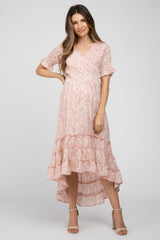 Mauve Floral Ruffle Hi-Low Hem Maternity Dress