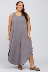 Grey V-Neck Basic Maternity Plus Maxi Dress