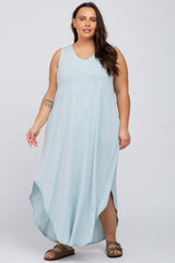 Light Blue V-Neck Basic Plus Maxi Dress