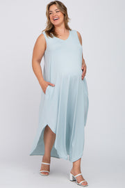 Light Blue V-Neck Basic Maternity Plus Maxi Dress