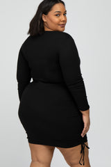 Black Ribbed Ruched Maternity Plus Dress