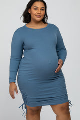 Blue Ribbed Ruched Maternity Plus Dress