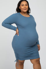 Blue Ribbed Ruched Maternity Plus Dress