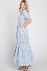 Blue Paisley Print Smocked Tiered Maxi Dress