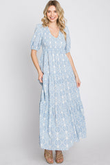 Blue Paisley Print Smocked Tiered Maxi Dress