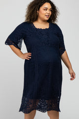 Navy Lace Overlay Midi Maternity Plus Dress