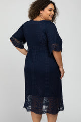 Navy Lace Overlay Midi Maternity Plus Dress