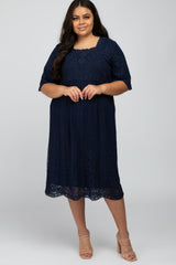 Navy Lace Overlay Midi Maternity Plus Dress