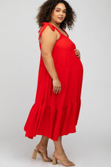 Red Strap Ruffle Hem Maternity Plus Midi Dress