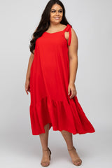 Red Strap Ruffle Hem Plus Midi Dress