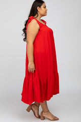 Red Strap Ruffle Hem Plus Midi Dress