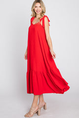 Red Tie Strap Ruffle Hem Midi Dress