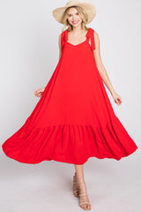 Red Tie Strap Ruffle Hem Midi Dress