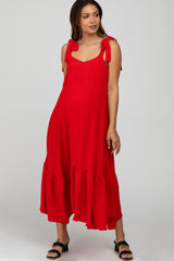 Red Tie Strap Ruffle Hem Maternity Midi Dress