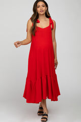 Red Tie Strap Ruffle Hem Maternity Midi Dress