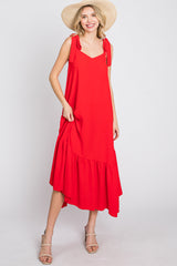 Red Tie Strap Ruffle Hem Midi Dress