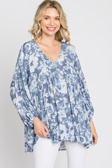 Navy Blue Floral V-Neck Blouse