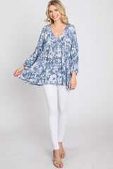 Navy Blue Floral V-Neck Blouse