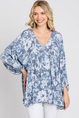 Navy Blue Floral V-Neck Blouse