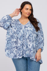 Navy Blue Floral V-Neck Maternity Plus Blouse